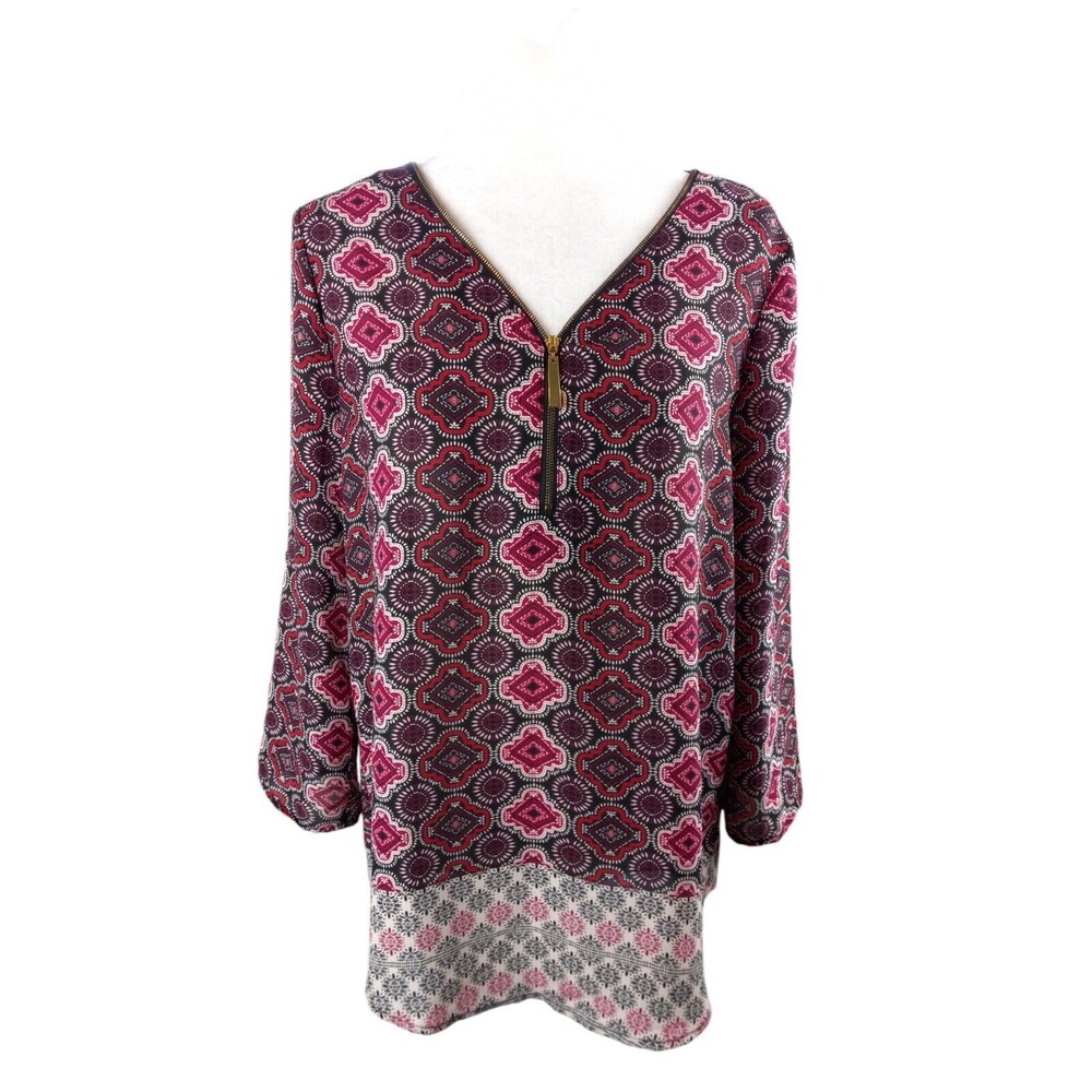 Tacera Chiffon Size Medium Black Red Roll Tab Sleeve Tunic Top V Neck Zipper